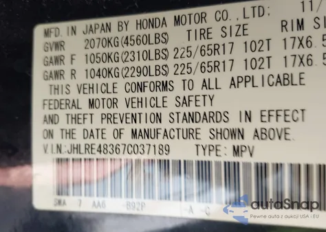 2007 Honda Cr-V Lx z USA, uszkodzony, nr VIN JHLRE48367C037189